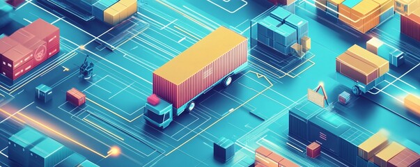 Obraz premium Global network of logistics with cargo trucks moving on circuit board