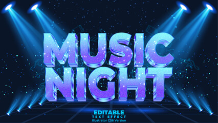 Music night event on club 3d editable vector text style effect with shiny spotlight vector