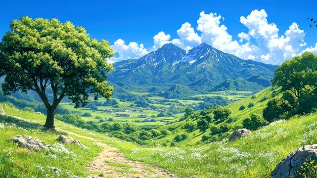 Lush green valley with lone tree and winding path under blue sky. Seamless looping 4K video background.