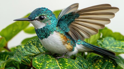 Obraz premium A captivating fantasy bird with shimmering feathers rests on lush green leaves, showcasing its colorful plumage during the cheerful spring season