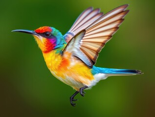 In a vibrant spring garden, a colorful fairy bird flutters gracefully, displaying its enchanting plumage and captivating beauty in natural sunlight