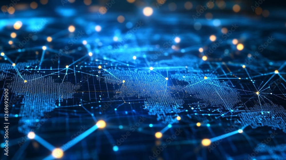 Fototapete Global network connecting cities with data flowing through lines