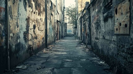 Obraz premium Gritty Abandoned Urban Alley with Pocked Walls and Graffiti