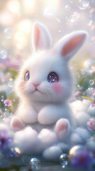 Fluffy white bunny with dreamy pastel colors and soft lighting
