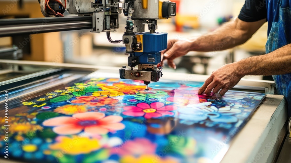 Aufkleber automated machine inspecting colorful floral artwork on a flat surface