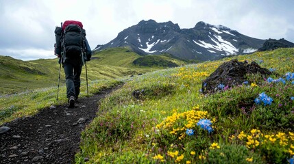 Obraz premium Hiker on Ridge with Alpine Grass and Wildflowers at High Altitude