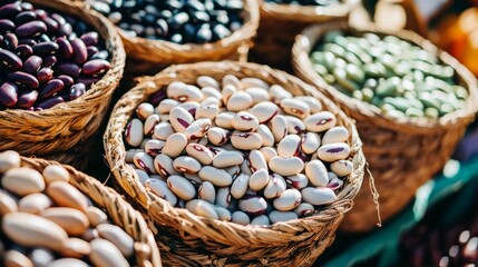 Obraz premium High Angle Shot of Assorted Beans Displayed in Baskets