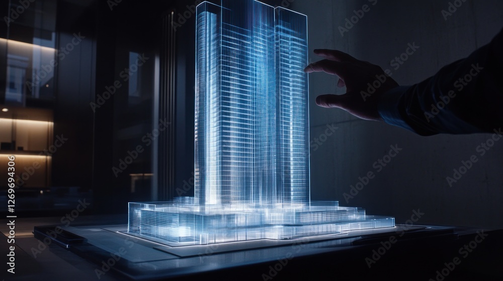 Poster illuminated holographic skyscraper model with a hand in the scene