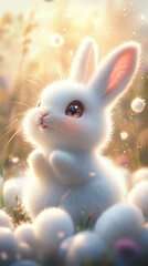 White baby rabbit sitting peacefully in a floral paradise
