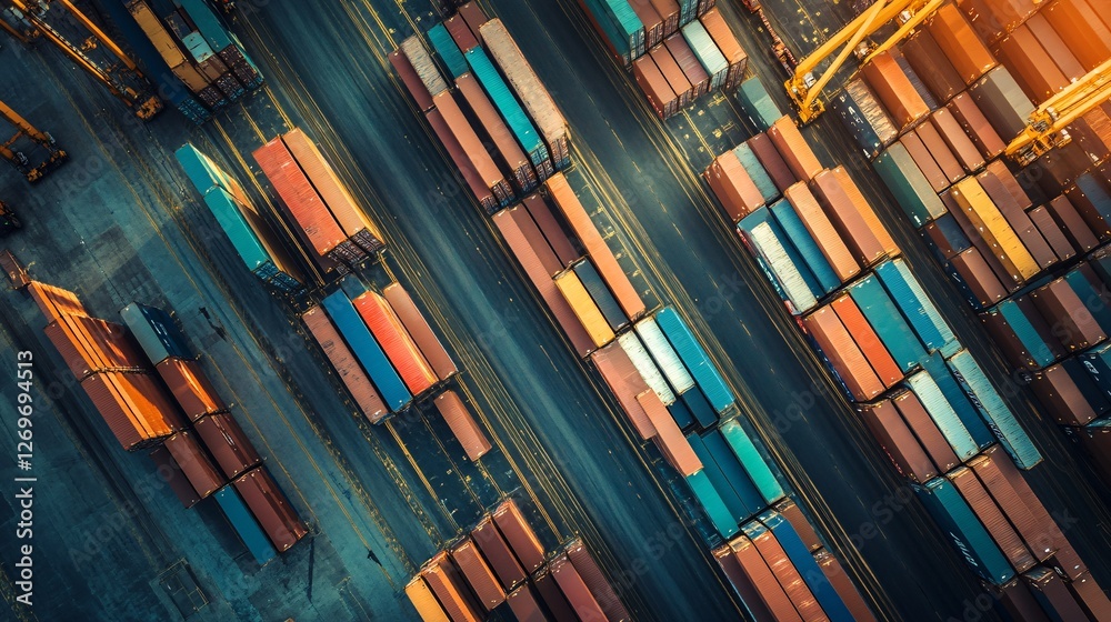 Poster aerial view of colorful shipping containers occupying a cargo port at sunset