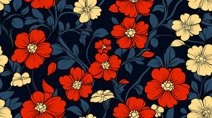 Seamless floral pattern featuring elegant red and yellow flowers blooming gracefully on a dark blue background, creating a captivating design