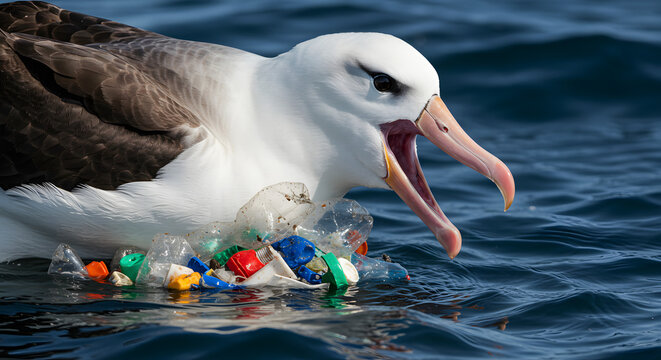 Albatross Eating Plastic Waste in Ocean Illustrating Pollution Problem