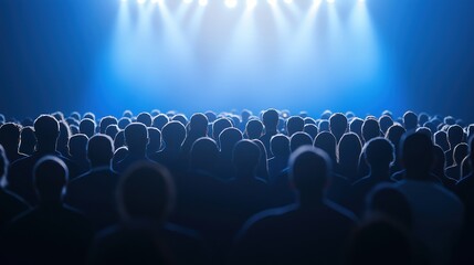 large crowd of people at a concert or festival. The crowd is silhouetted against a dark background, and the stage is lit up with bright blue and white lights.