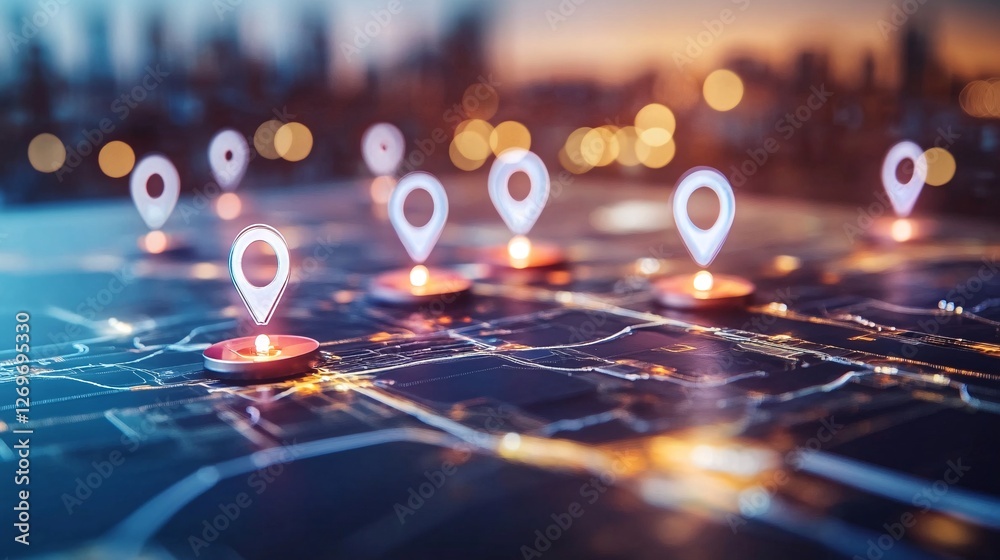 Poster Glowing location pins appearing over city map using gps navigation