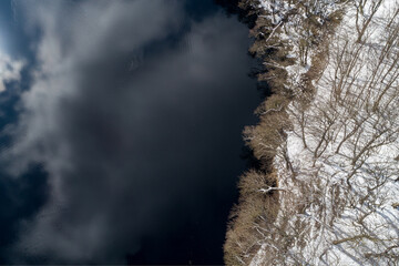 Drohnenaufnahme eines dunklen Sees im Winter