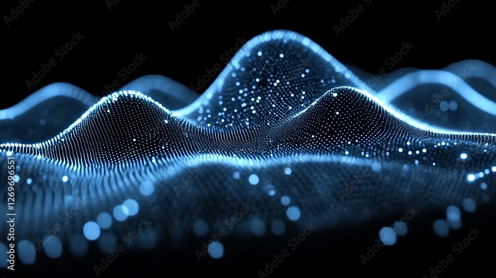 Poster abstract luminous particles creating flowing wave patterns on dark surface