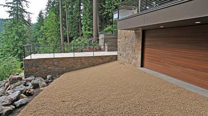 Obraz premium New luxury home exterior with landscape, driveway, rocks and nature in the background. For real estate