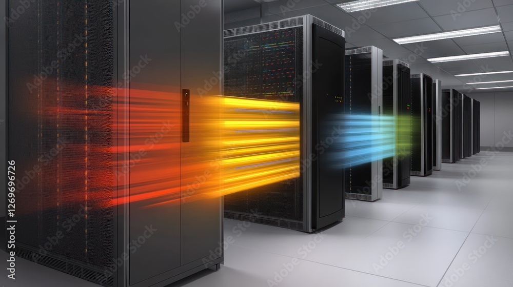 Poster Row of data center server racks with colored data streams