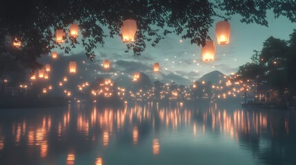Serene Evening with Floating Lanterns Over Calm Water Surface