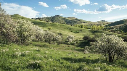 Fototapeta premium Lush Green Ridge in Springtime with Fresh Grass and Blue Sky