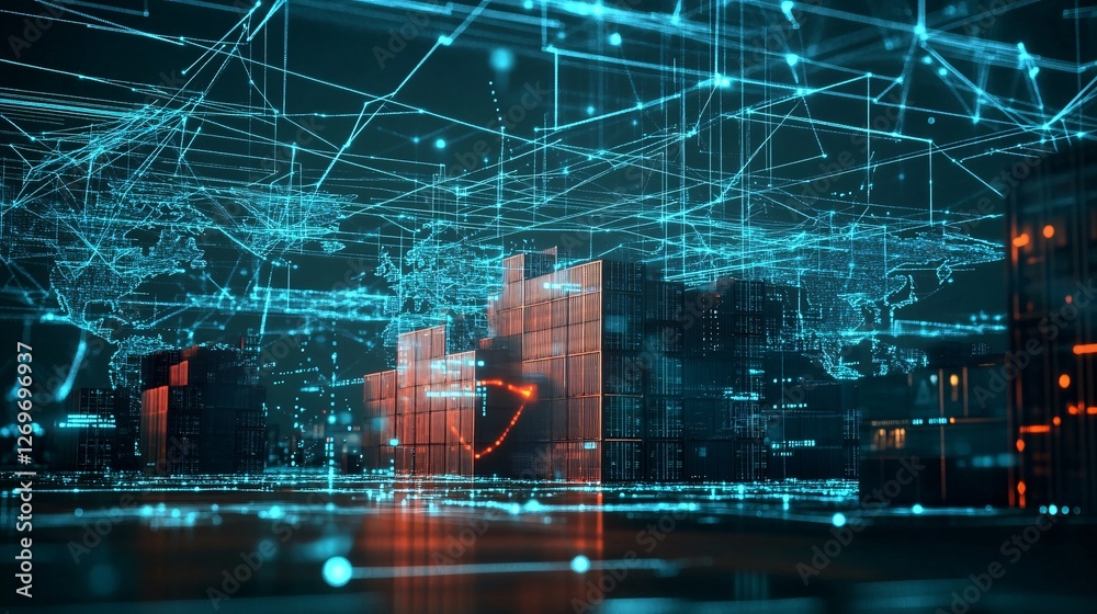 Poster Global network connecting container cargo ship logistics with digital world map and security shield