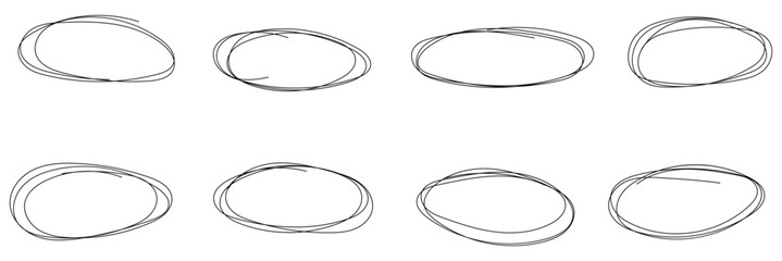Hand drawn circle highlighter set. Circle, pen draw. Vector marker circular lines, doodle round circles for message note mark design element. Different circles vector illustration. 