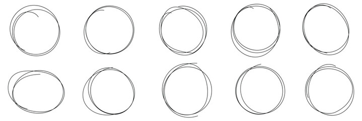 Hand drawing different circles isolated on the transparent background, Handwritten red circle. For marking text, numbers, marker pen, pencil, logo, hand-drawn doodle grunge circle highlights .