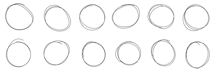 Hand drawn circle highlighter set. Circle, pen draw. Vector marker circular lines, doodle round circles for message note mark design element. Different circles vector illustration. 