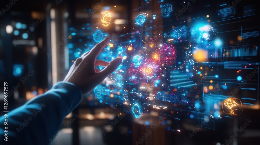 Aufkleber Hand interacting with futuristic digital interface with glowing data