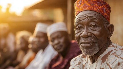 Obraz premium Nigerian Elder Leading a Community Gathering Under Vibrant Sunset Skies