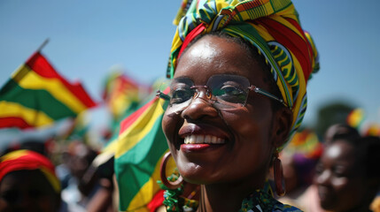 Zimbabwe Independence Day celebration, portrait of a happy smiling African-American woman in national costume, street parade, Black History Month, Emancipation Day