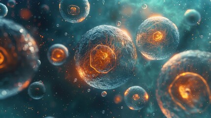 Fototapeta premium Stunning Microscopic View of Vibrant Cells in a Colorful Galaxy-Like Background for Science and Education Themes