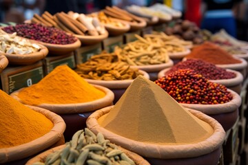 Fototapeta premium Spice Market Abundance: A vibrant array of spices, herbs, and dried fruit fill the shelves of a bustling market stall, a tantalizing mix of colors, textures, and aromas. 