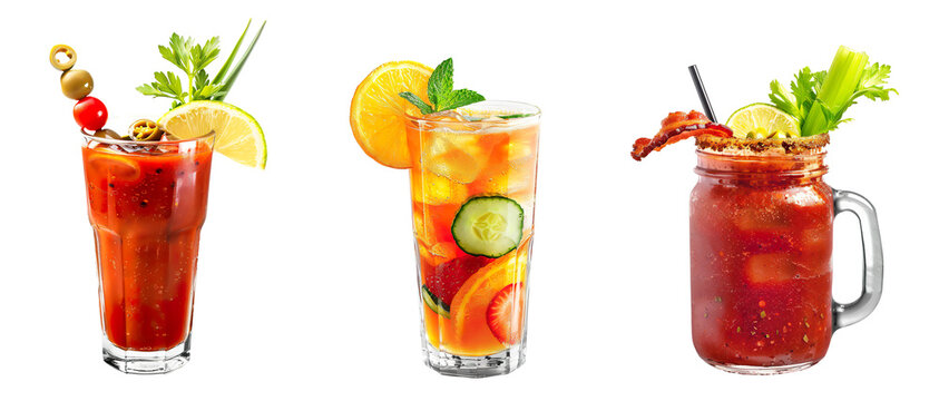 Bloody Mary, Pimms cup, Ceasar cocktail PNG set bundle, transparent isolated background. Mixology, eatable brunch bar menu cocktails, colorful vibrant refreshing mixed drink with garnish