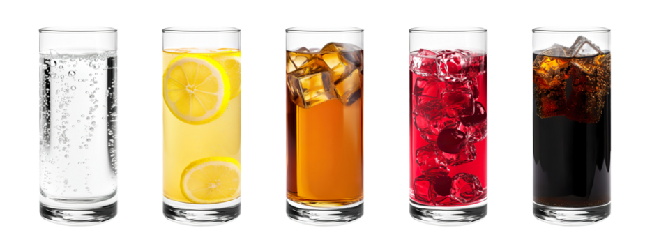 Sparkling water, lemonade, iced tea, cherry water, cola soda PNG set bundle, transparent isolated background. Fresh refreshing cold summer drink in a tall glass, sweet tasty beverage