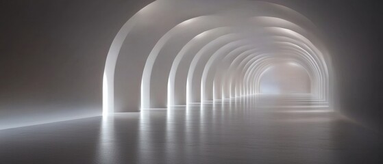 Naklejka premium Brightly lit modern corridor with arches and reflections in a minimalist architectural space during daylight hours