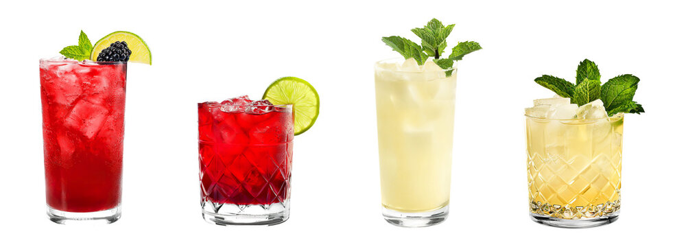 El Diablo, Fog Cutter cocktail PNG set bundle, transparent isolated background. Mixology, bar menu cocktails, colorful vibrant refreshing mixed drink with garnish