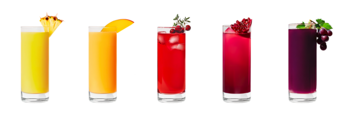 Pineapple, Mango, Cranberry, Pomegranate, Grape juice PNG set bundle, transparent isolated background. Freshly squeezed refreshing summer drink in glass, healthy nutritious natural superfood garnish
