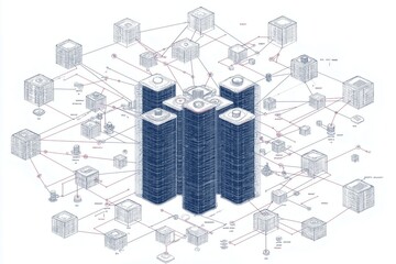 Network infrastructure diagram featuring centralized data center with connected nodes