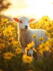 Obraz premium Lamb in Yellow Flowers Field