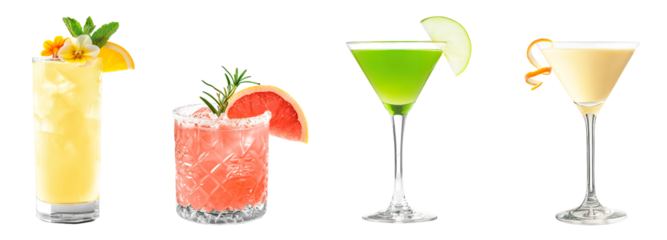 Scorpion, Salty Dog, Appletini, Golden Dream cocktail PNG set bundle, transparent isolated background. Mixology, exotic bar menu cocktails, colorful vibrant refreshing mixed drink with garnish