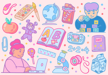 School icons. Cute kids science. Children reading ABC book. Boy playing with toy blocks. Globe or microscope. Student stationery. Study office. Pen and brush. Vector graphic elements set