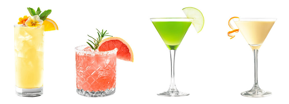 Scorpion, Salty Dog, Appletini, Golden Dream cocktail PNG set bundle, transparent isolated background. Mixology, exotic bar menu cocktails, colorful vibrant refreshing mixed drink with garnish