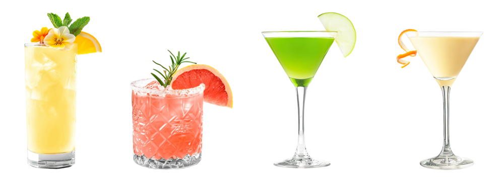 Scorpion, Salty Dog, Appletini, Golden Dream cocktail PNG set bundle, transparent isolated background. Mixology, exotic bar menu cocktails, colorful vibrant refreshing mixed drink with garnish