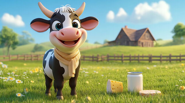 Happy cartoon cow standing in green meadow with dairy products and farmhouse in background copy space
