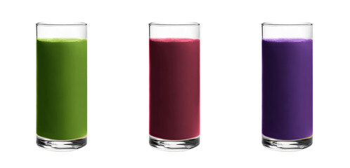 Kale Spinach Wheatgrass, Beet, Purple Cabbage juice PNG set bundle, transparent isolated background. Freshly squeezed refreshing summer drink in a tall glass, healthy nutritious natural superfood