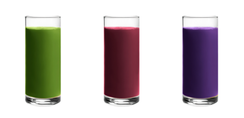 Kale Spinach Wheatgrass, Beet, Purple Cabbage juice PNG set bundle, transparent isolated background. Freshly squeezed refreshing summer drink in a tall glass, healthy nutritious natural superfood