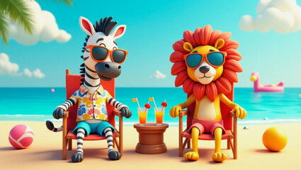 Lion and zebra enjoying a summer holiday on the beach