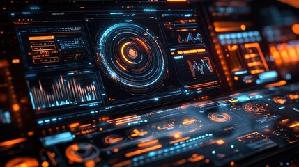 Fototapeta premium A futuristic environment of glowing radial charts spinning in virtual space, immersive and vibrant
