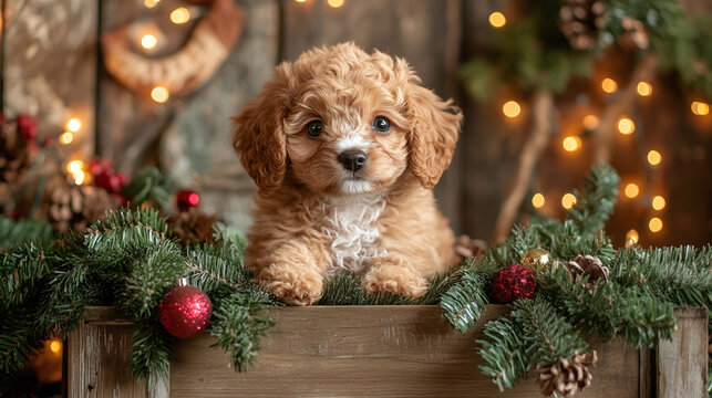 Adorable cavapoo puppy in christmas gift box surrounded by festive decorations and warm holiday lights, capturing seasonal joy and cuteness.